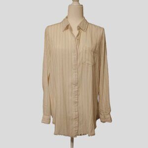 Linen Blend, Cream Striped Button Down Blouse With Raw Hem | Medium